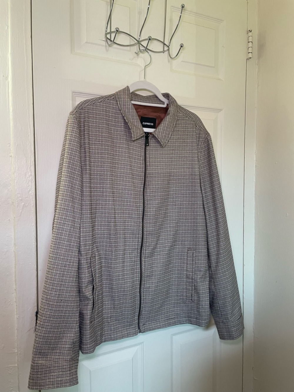 Express Men's Tan & Brown Checked Zip Jacket